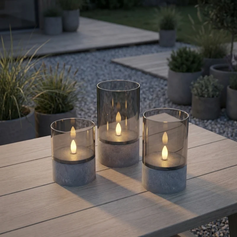 Outdoor LED-Kerzen mit Betonoptik & Rauchglas – 3er-Set | IP44 | 500 Stunden Batterielaufzeit