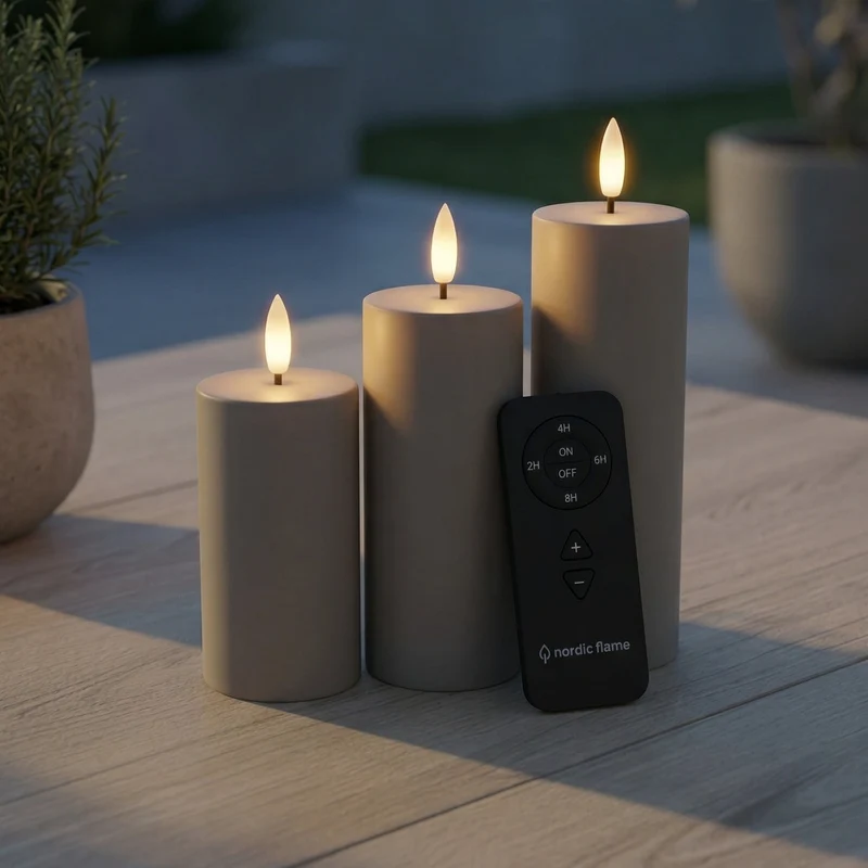 Outdoor LED-Kerzen Ø 5 cm – 3er-Set in Sand – inkl. Fernbedienung