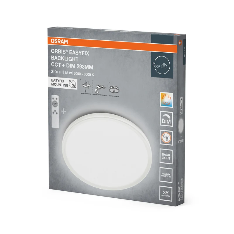 OSRAM ORBIS EASYFIX LED Backlight Deckenleuchte 29,3cm 18W CCT +DIM Fernbedienung, weiß