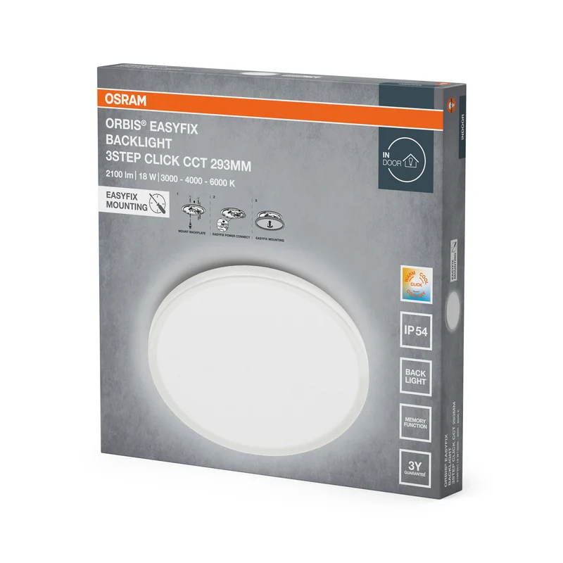 OSRAM ORBIS EASYFIX LED Backlight Deckenleuchte 29,3cm 18W 3Step Click CCT IP54, weiß