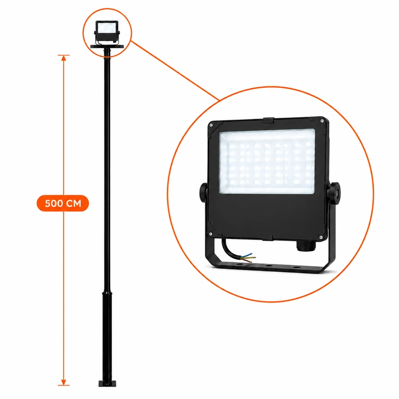 Lichtmast inkl. industrieller Baustrahler / Flutlichtstrahler | 500CM | 60-80-100Watt | CCT - Lichtfarbe einstellbar | Schwarz