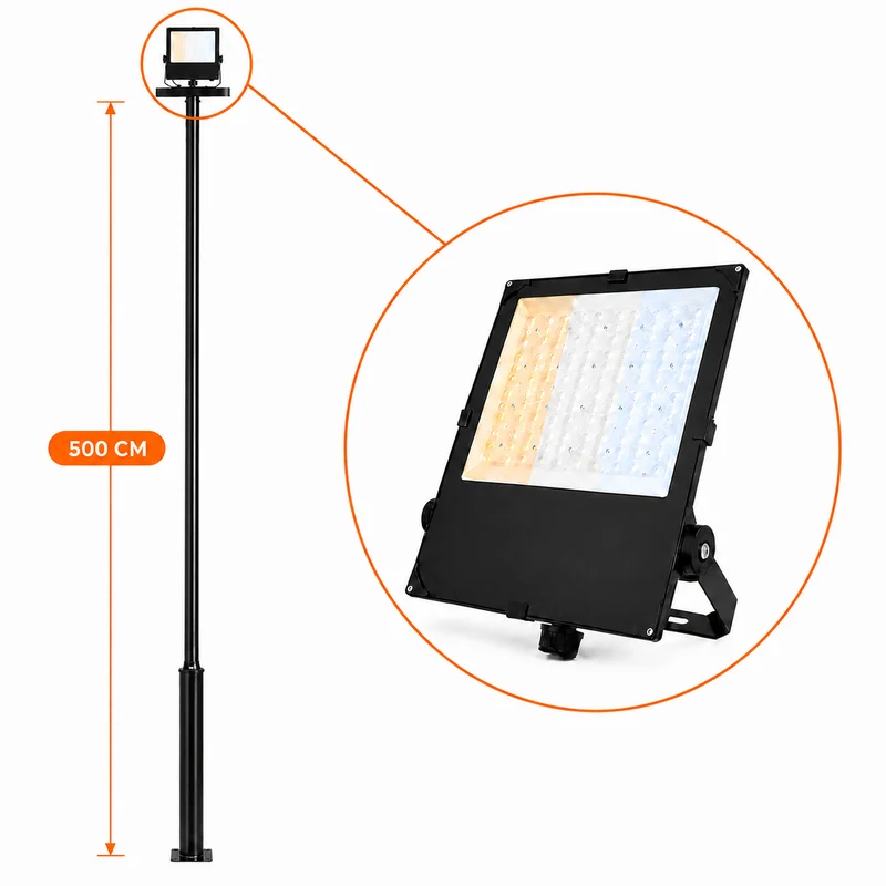 Lichtmast inkl. Industrie-Strahler / Flutlicht | 500CM | 120-160-200Watt | CCT - Lichtfarbe einstellbar | Schwarz