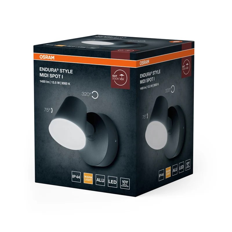 OSRAM Midi LED Spot Außen, warmweiß 3000 K, Außenleuchte, 13. 5W, drehbarer Kopf, IP44, 800lm, Aluminiumdruckguss, Dunkelgrau