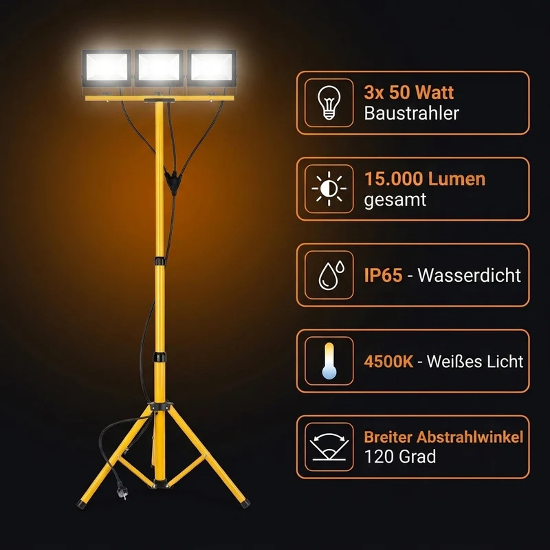 LED Baustrahler 3 Köpfe auf Stativ | 3x 50W | 12.000 Lumen | Jeder Kopf separat ausrichtbar | 4500 K Neutralweiß | IP65