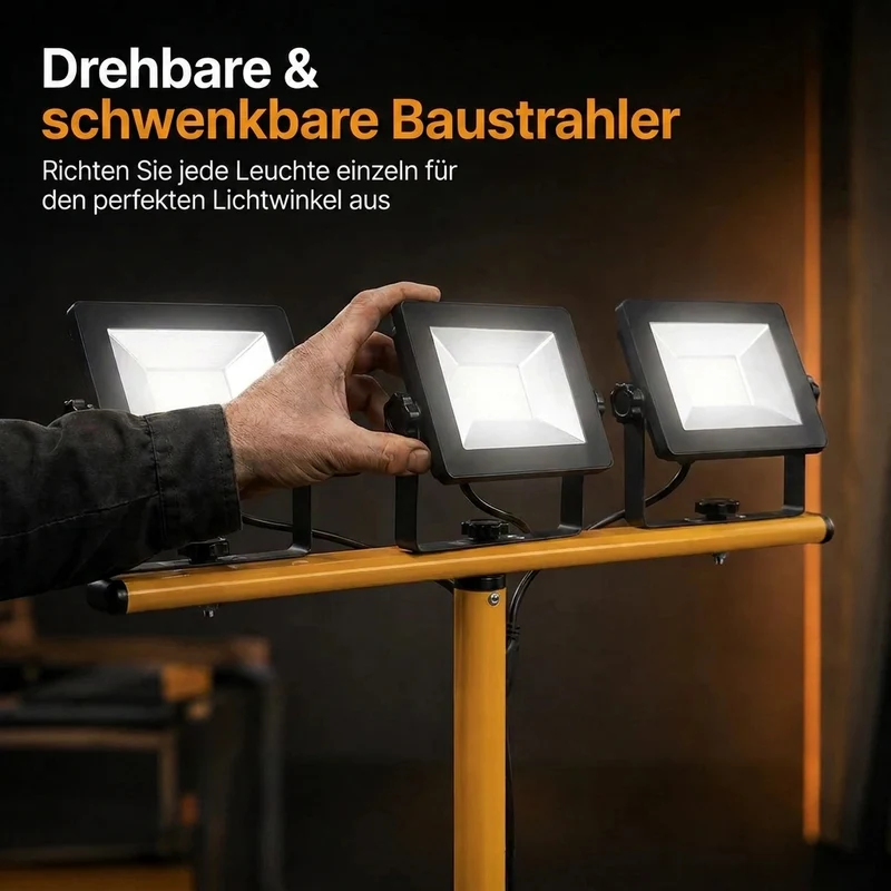 LED Baustrahler 3 Köpfe auf Stativ | 3x 50W | 12.000 Lumen | Jeder Kopf separat ausrichtbar | 4500 K Neutralweiß | IP65