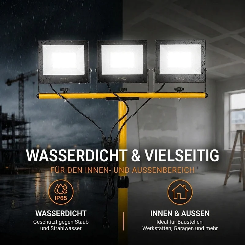 LED Baustrahler 3 Köpfe auf Stativ | 3x 50W | 12.000 Lumen | Jeder Kopf separat ausrichtbar | 4500 K Neutralweiß | IP65
