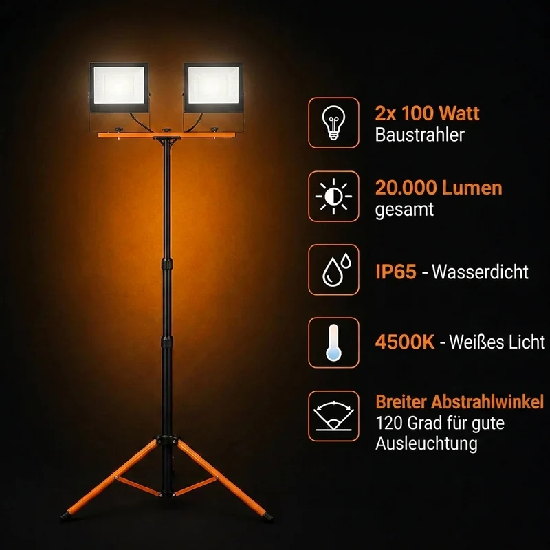 Baustrahler auf Stativ 20.000 Lumen | 2x 100W | 4500 K Neutralweiß | IP65 | Drehbar und Neigbar | Orange