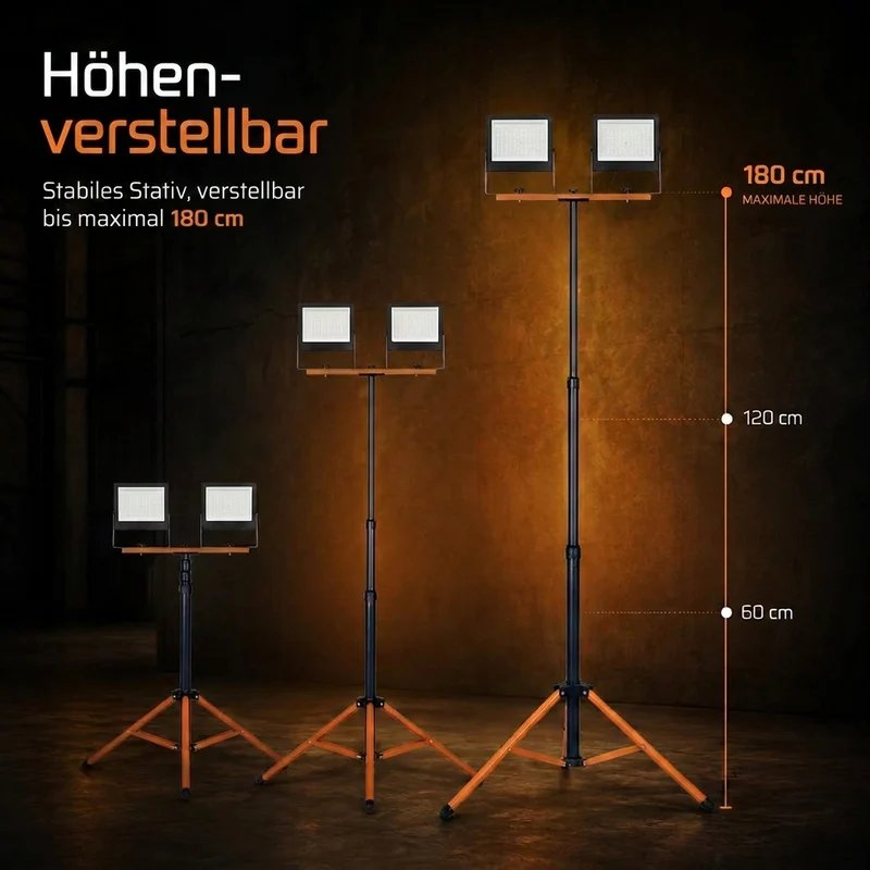 Baustrahler auf Stativ 20.000 Lumen | 2x 100W | 4500 K Neutralweiß | IP65 | Drehbar und Neigbar | Orange