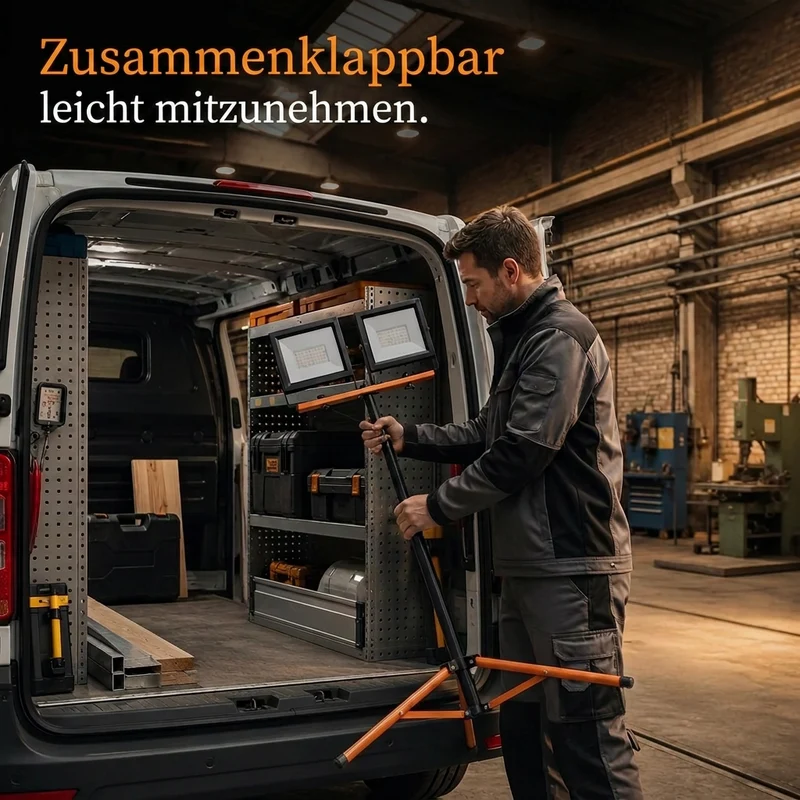 Baustrahler auf Stativ 20.000 Lumen | 2x 100W | 4500 K Neutralweiß | IP65 | Drehbar und Neigbar | Orange