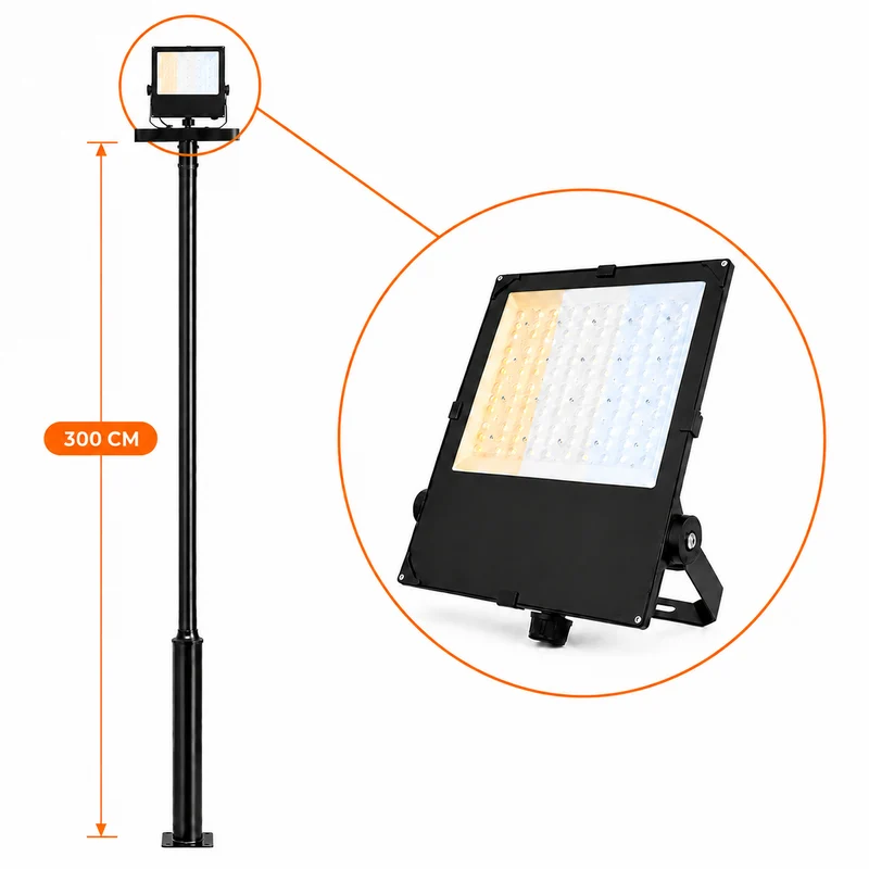 Lichtmast inkl. industrieller Baustrahler / Flutlichtstrahler | 300 cm | 120-160-200 Watt | CCT - Lichtfarbe einstellbar | Schwarz