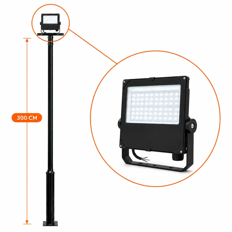 Lichtmast inkl. industrieller Baustrahler / Flutlicht | 300 cm | 60-80-100 Watt | CCT – Lichtfarbe einstellbar | Schwarz