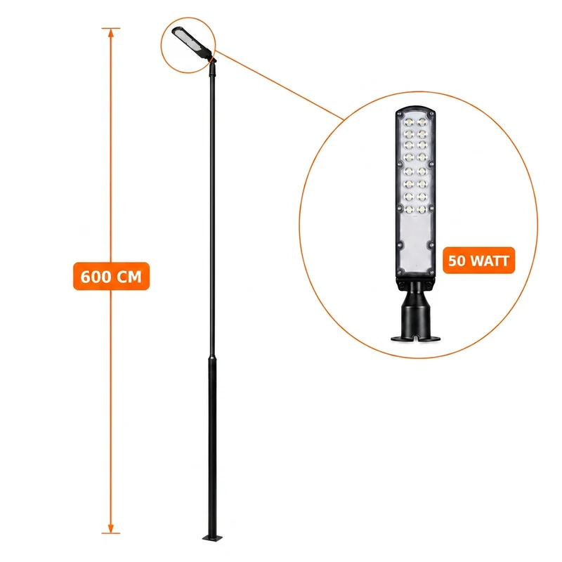 Lichtmast inkl. Straßenlampe | 600 cm | 50 Watt | 5000 K | Schwarz