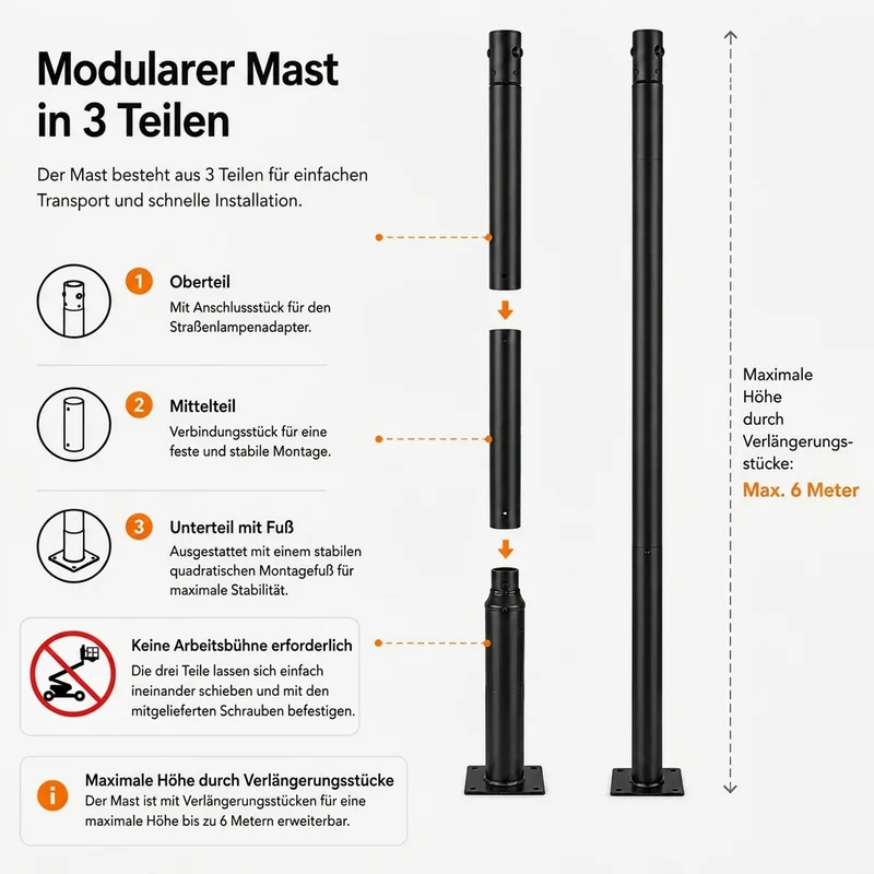 Lichtmast inkl. Straßenlampe | 300 cm | 100 Watt | 5000 K | Schwarz