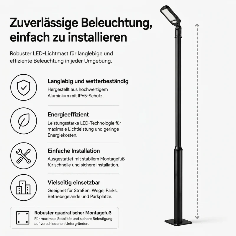 Lichtmast inkl. Straßenlampe | 300 cm | 100 Watt | 5000 K | Schwarz