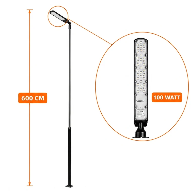 Lichtmast inkl. Straßenlampe | 600 cm | 100 Watt | 5000 K | Schwarz
