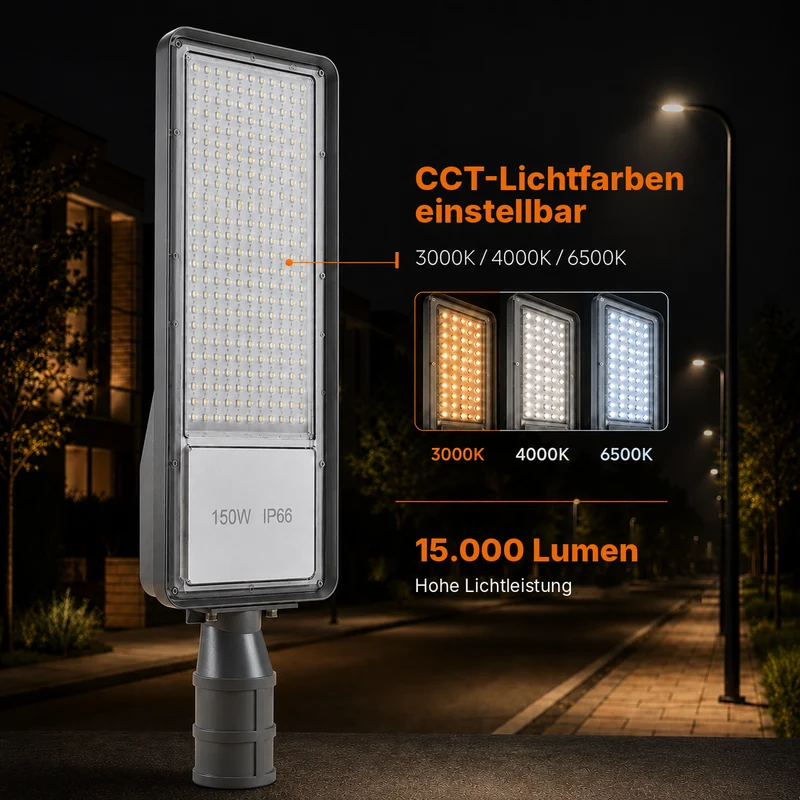 LED Straatlamp met Schemersensor | 150W | 15.000 lm | 3000/4000/6500K CCT-Switch | IP66 | Kantelbaar | Hero