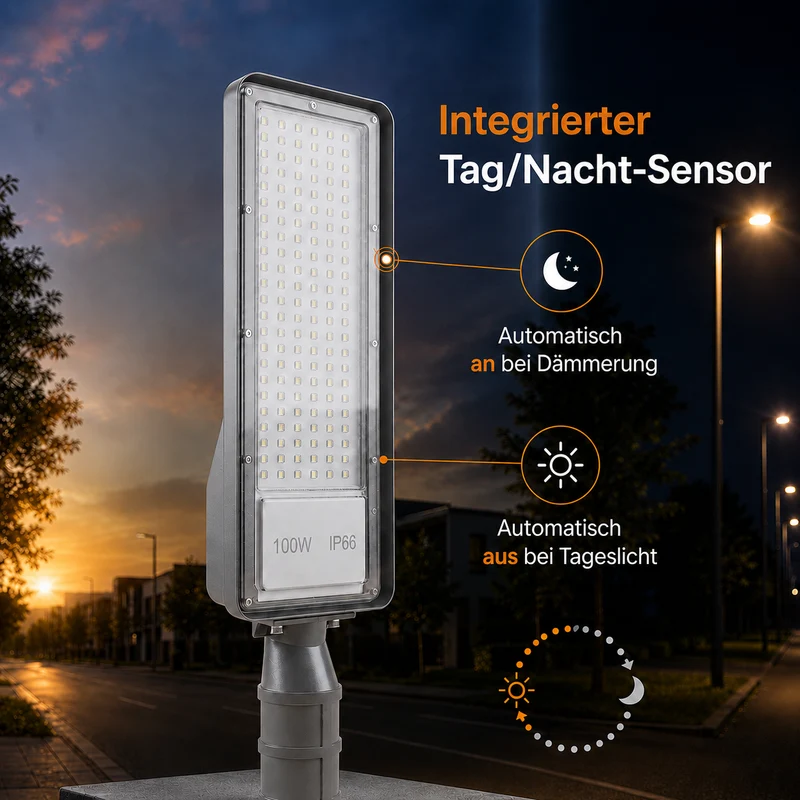 LED Straßenleuchte mit Dämmerungssensor | 100W | 10.000 lm | 3000/4000/6500K CCT-Schalter | IP66 | Neigbar | Hero