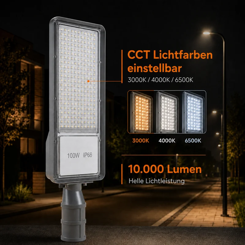 LED Straßenleuchte mit Dämmerungssensor | 100W | 10.000 lm | 3000/4000/6500K CCT-Schalter | IP66 | Neigbar | Hero