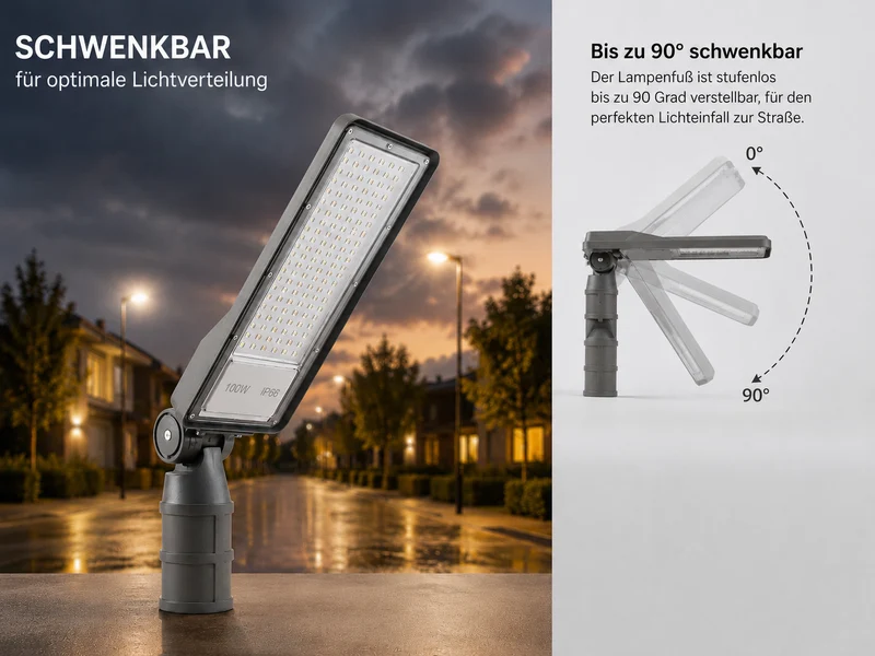 LED Straßenleuchte mit Dämmerungssensor | 100W | 10.000 lm | 3000/4000/6500K CCT-Schalter | IP66 | Neigbar | Hero