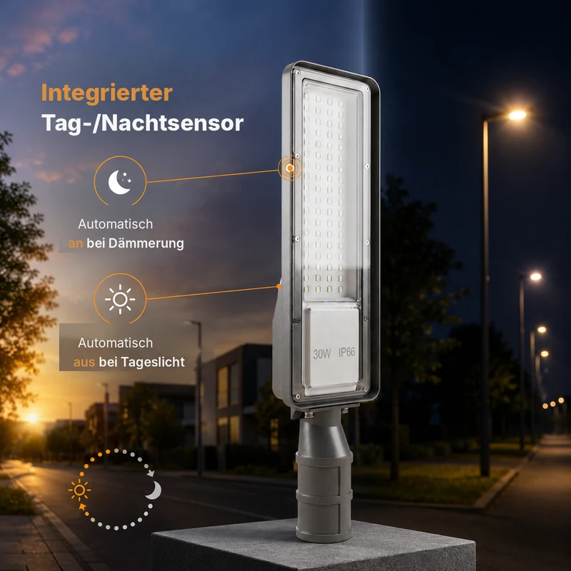 LED Straatlamp met Schemersensor | 30W | 3.000 lm | 3000/4000/6500K CCT-Switch | IP66 | Kantelbaar | Hero