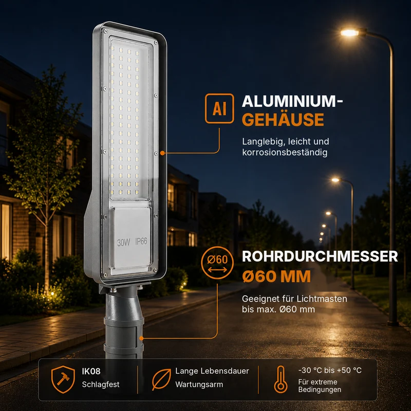 LED Straatlamp met Schemersensor | 30W | 3.000 lm | 3000/4000/6500K CCT-Switch | IP66 | Kantelbaar | Hero