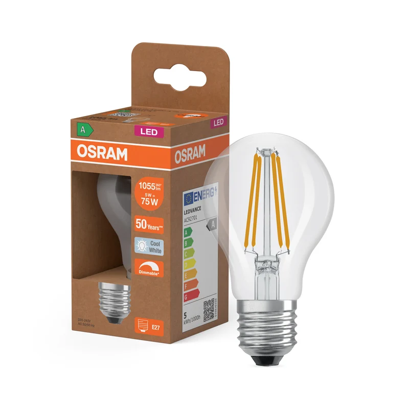 OSRAM LED Classic A 75 Filament DIM Energy efficiency class A in A-Form, LED-Lampe, Bleifreies Glas, klar, 5 W, 1055 lm, Kaltweiß, Dimmbar, Energieeffizienzklasse: A