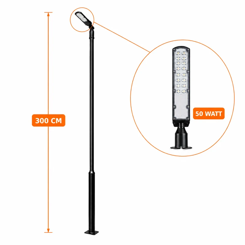 Lichtmast inkl. Straßenlaterne | 300 cm | 50 Watt | 5000 K | Schwarz