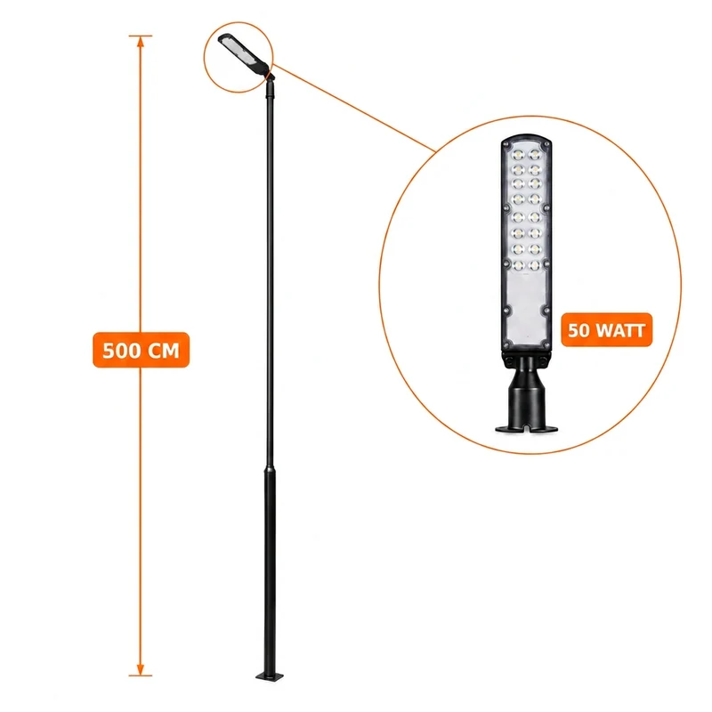 Lichtmast inkl. Straßenlampe | 500 cm | 50 Watt | 5000 K | Schwarz