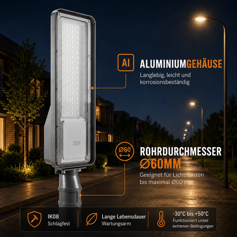 LED Straatlamp | 50W | 5.000 lm | 3000/4000/6500K CCT-Switch | IP66 | Kantelbaar | Hero