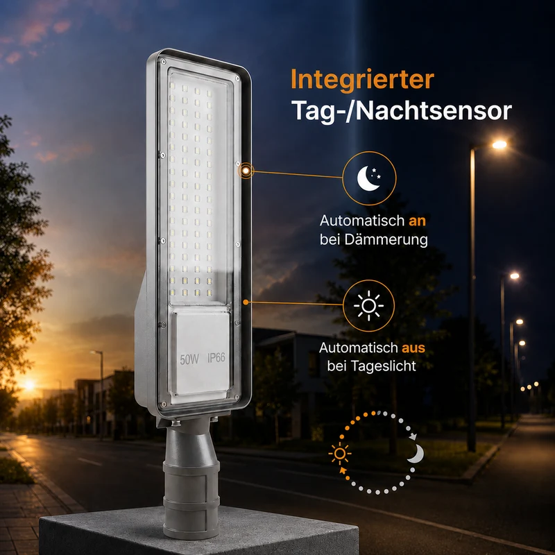 LED Straatlamp met Schemersensor | 50W | 5.000 lm | 3000/4000/6500K CCT-Switch | IP66 | Kantelbaar | Hero