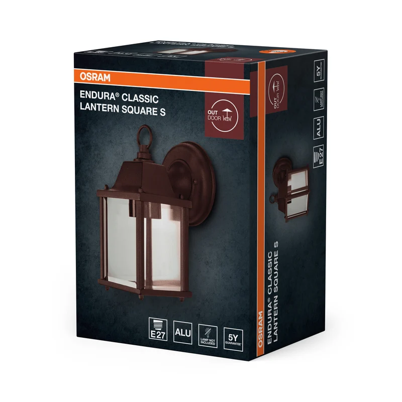 OSRAM Außenwandleuchte, Rust, E27, Aluminiumgehäuse, Glasabdeckung, IP43, 220–240 V, 0–15 W geeignet, mit Montageschrauben, 225 mm Höhe, 150 mm Breite