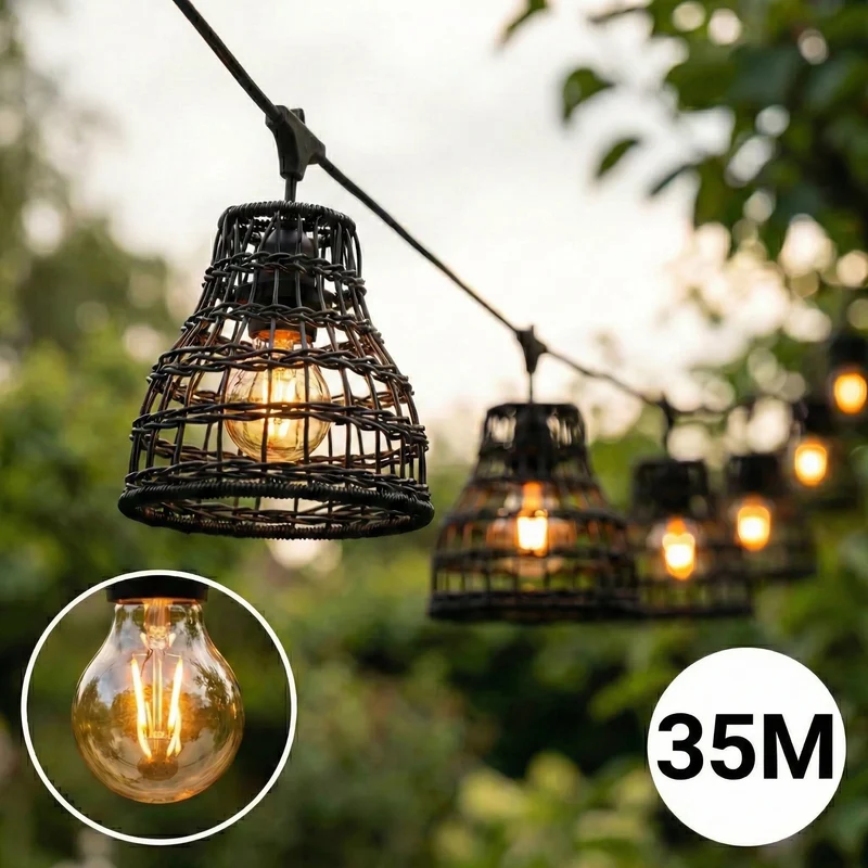 Komplette Lichterkette mit 35 Lampenschirmen | 35 Meter | Schwarzer Bambus | Verkettbar | E27 | Inkl. 1-W-Glühbirnen