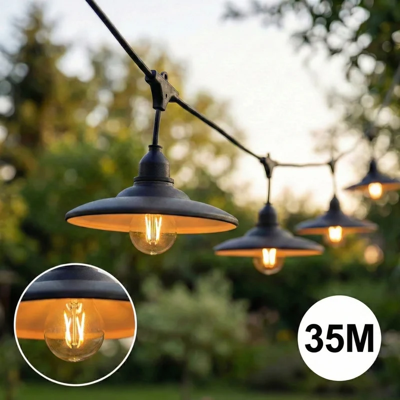 Komplette Lichterkette mit 35 Lampenschirmen | 35 Meter | Schwarzer Lampenschirm | Verkettbar | E27 | Inkl. 1-W-Glühbirnen