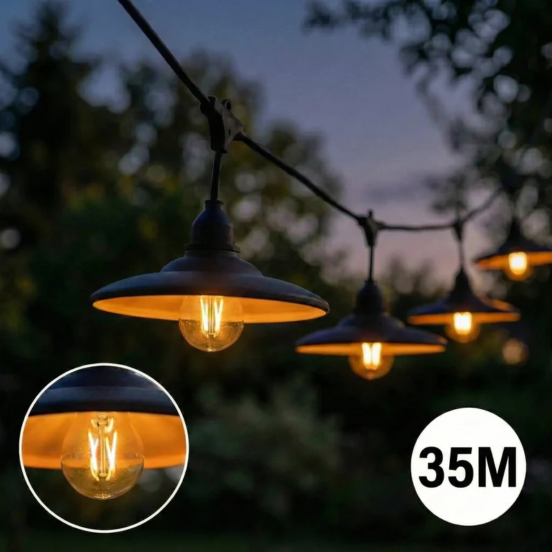 Komplette Lichterkette mit 35 Lampenschirmen | 35 Meter | Schwarzer Lampenschirm | Verkettbar | E27 | Inkl. 1-W-Glühbirnen