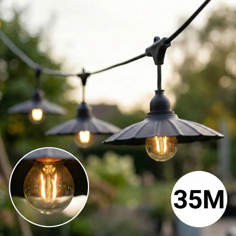 Komplette Lichterkette mit 35 Lampenschirmen | 35 Meter | Muschelform | Verkettbar | E27 | Inkl. 1-W-Glühbirnen
