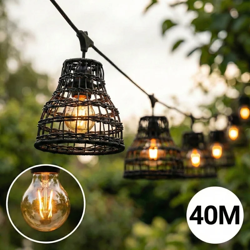 Komplette Lichterkette mit 40 Lampenschirmen | 40 Meter | Schwarzer Bambus | Verbindbar | E27 | Inklusive 1-Watt-Glühbirnen
