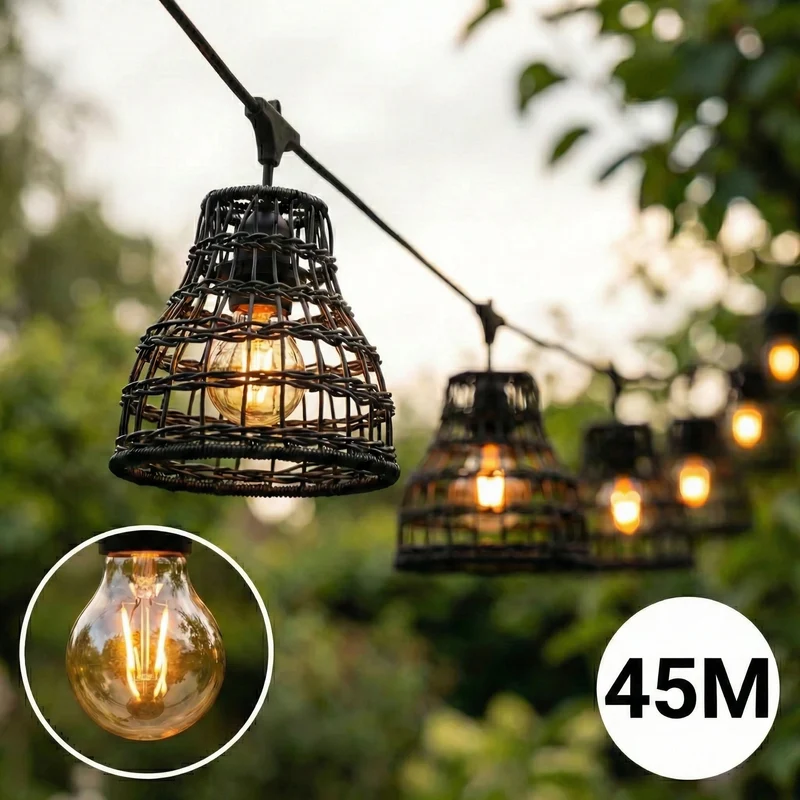 Komplette Lichterkette mit 45 Lampenschirmen | 45 Meter | Schwarzer Bambus | Verbindbar | E27 | Inklusive 1-Watt-Glühbirnen
