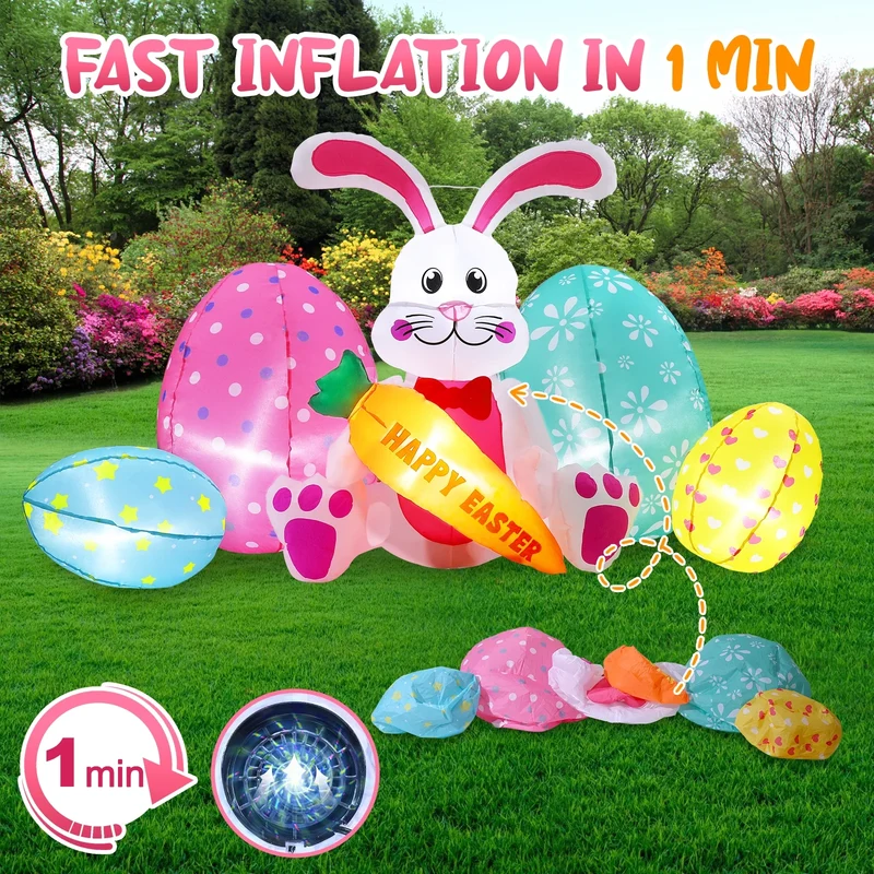 Avoalre Easter Inflatables Bunny Decor, Easter Blow up 6.1FT Cute Bunny with Carrot & Eggs, Lighted Inflatable for for Lawn Garden Holiday Party