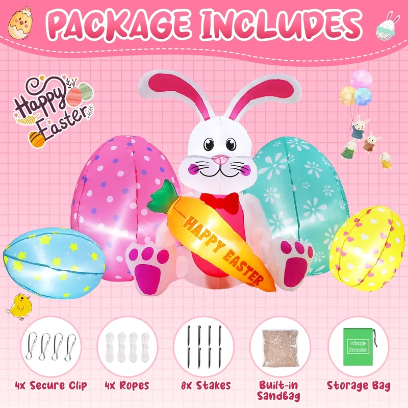 Avoalre Easter Inflatables Bunny Decor, Easter Blow up 6.1FT Cute Bunny with Carrot & Eggs, Lighted Inflatable for for Lawn Garden Holiday Party