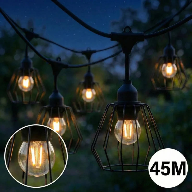 Komplette Lichterkette mit 45 Lampenschirmen | 45 Meter | Industrielampenschirm | Verkettbar | E27 | Inkl. 1-W-Glühbirnen