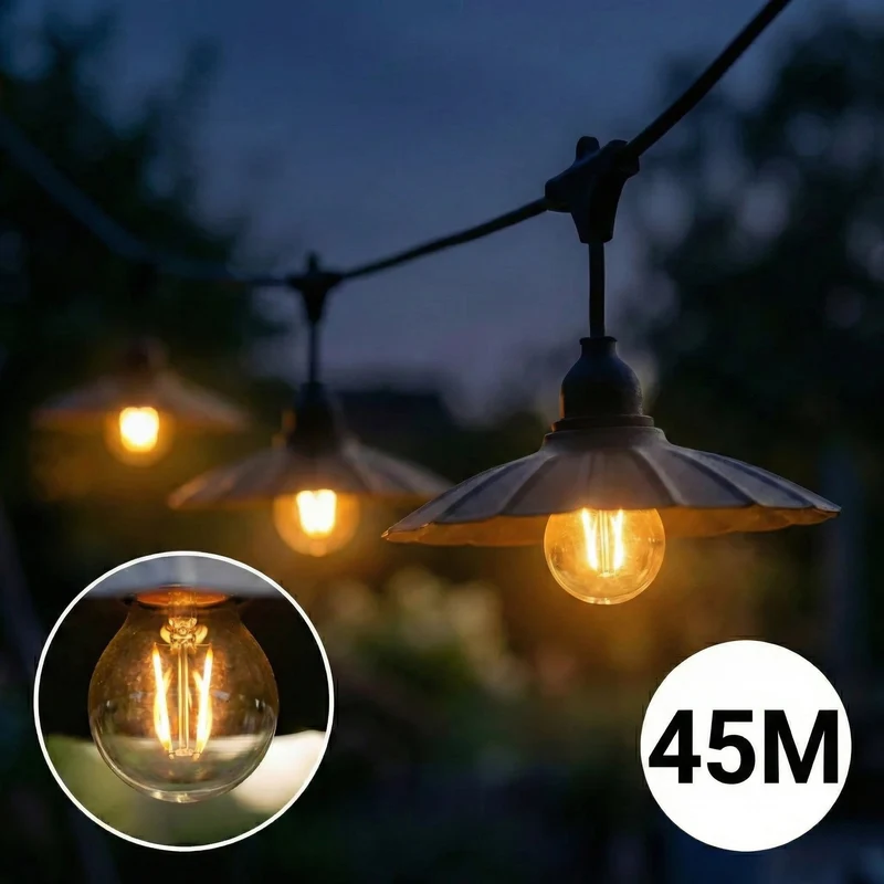 Komplette Lichterkette mit 45 Lampenschirmen | 45 Meter | Muschelform | Verkettbar | E27 | Inkl. 1-W-Glühbirnen