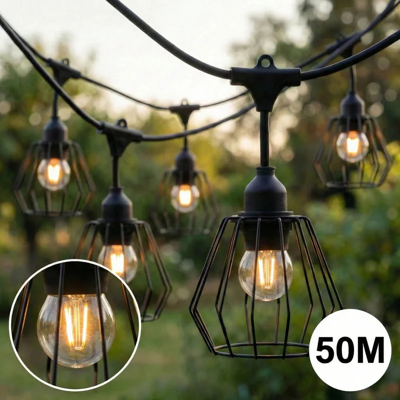 Komplette Lichterkette mit 50 Lampenschirmen | 50 Meter | Industrielampenschirm | Verkettbar | E27 | Inkl. 1-W-Glühbirnen