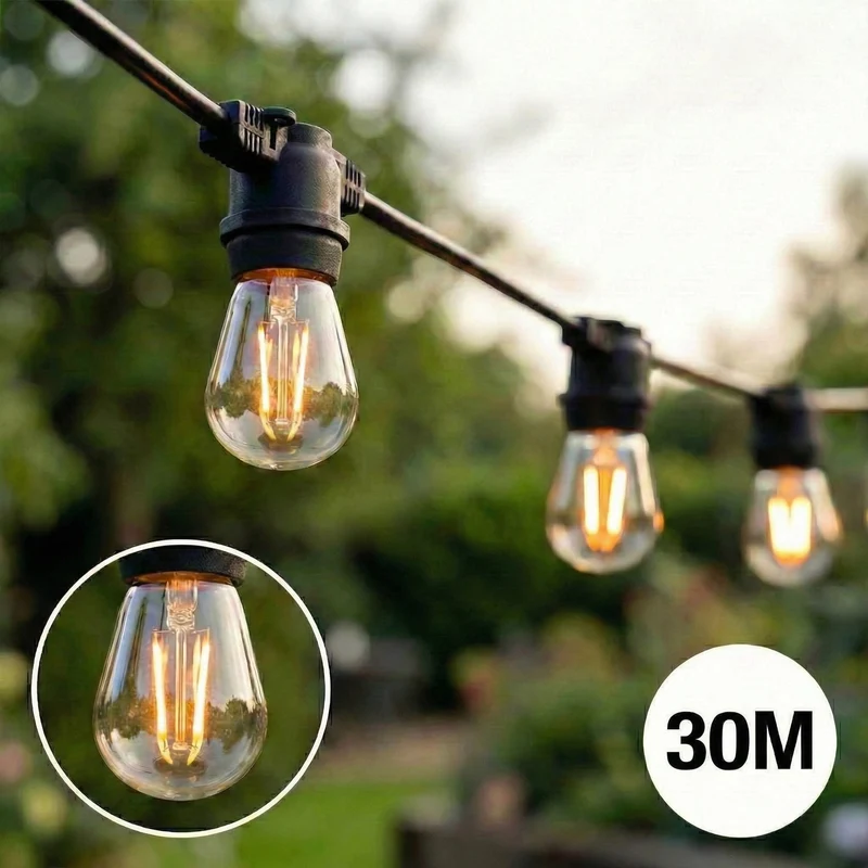 Komplettes Set | 30 Meter Lichterkette | Inklusive 30 Glühlampen | 1 W | 2700 K | Verkettbare Lichterkette