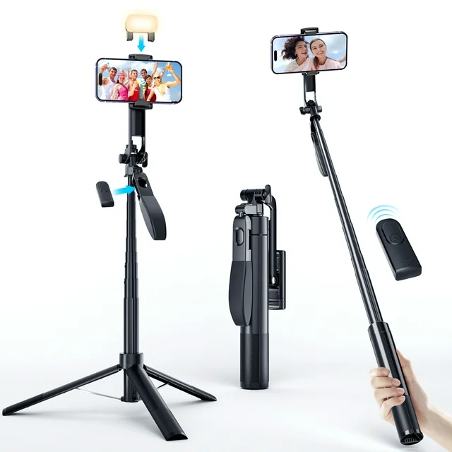 67" Selfie Stick Tripod, 360°Rotation Anti-shake Gimbal Extendable Phone Tripod with Remote and Light, Solidest Cell Phone Tripod Compatible with iPhone/Android