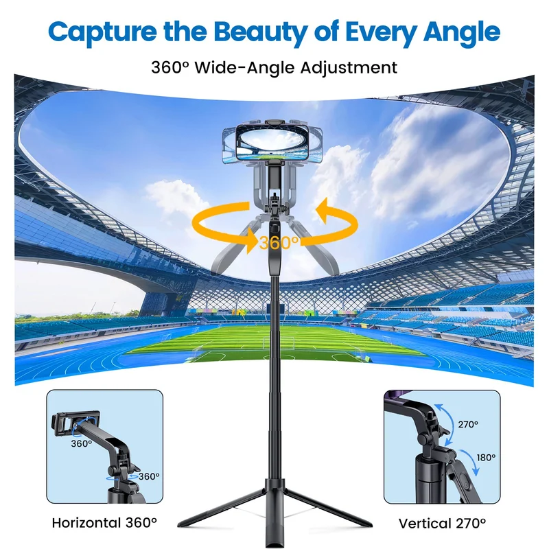 67" Selfie Stick Tripod, 360°Rotation Anti-shake Gimbal Extendable Phone Tripod with Remote and Light, Solidest Cell Phone Tripod Compatible with iPhone/Android