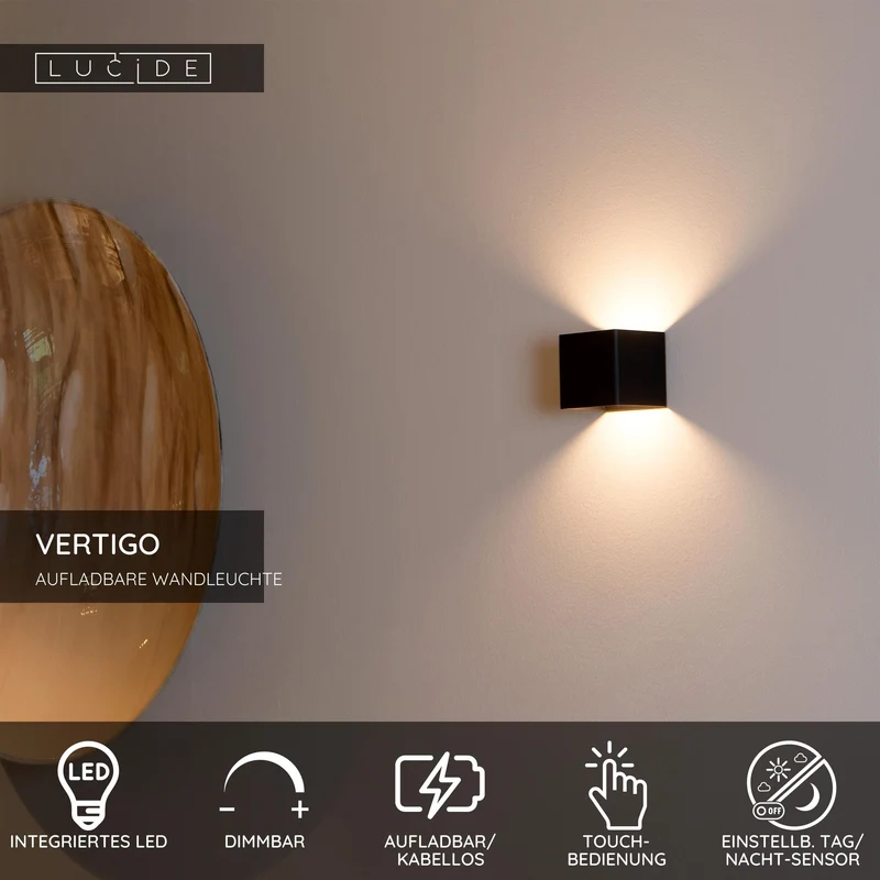 LED-Akku-Wandleuchte Vertigo mit Bewegungsmelder und Touchdimmer IP54
