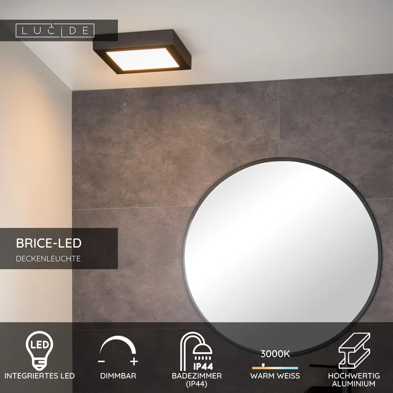 LED-Bad-Deckenleuchte Brice dimmbar IP44 quadratisch 22x22cm