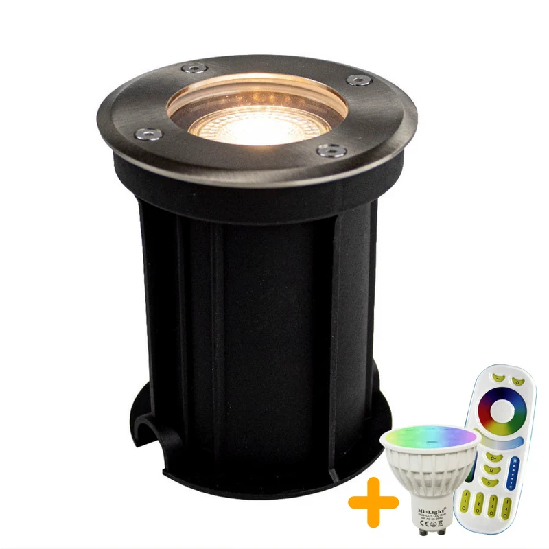 LED-Bodenstrahler GU10 rund | Komplettset | RGBCCT | inkl. Lichtquelle und Fernbedienung | Rhodos | Edelstahl | IP66