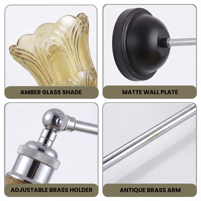 Vintage-Wandleuchte aus bernsteinfarbenem Glas mit E27-Fassung und verstellbarem Arm~3801
