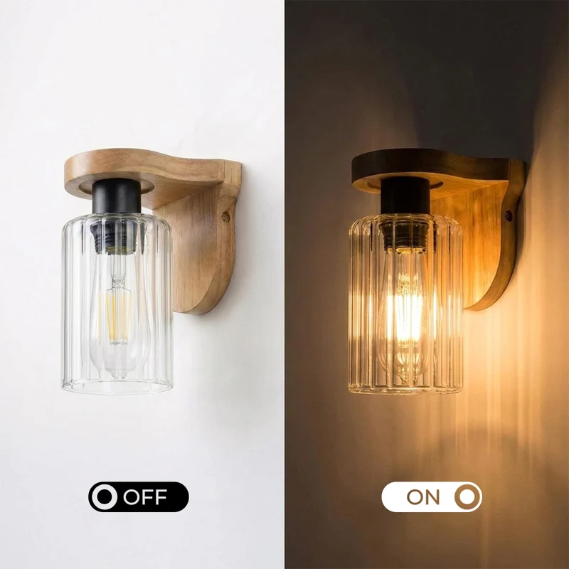 Wandleuchte aus Holz mit E27-Fassung und geripptem Glas – Vintage-Lampe für den Innenbereich~3696